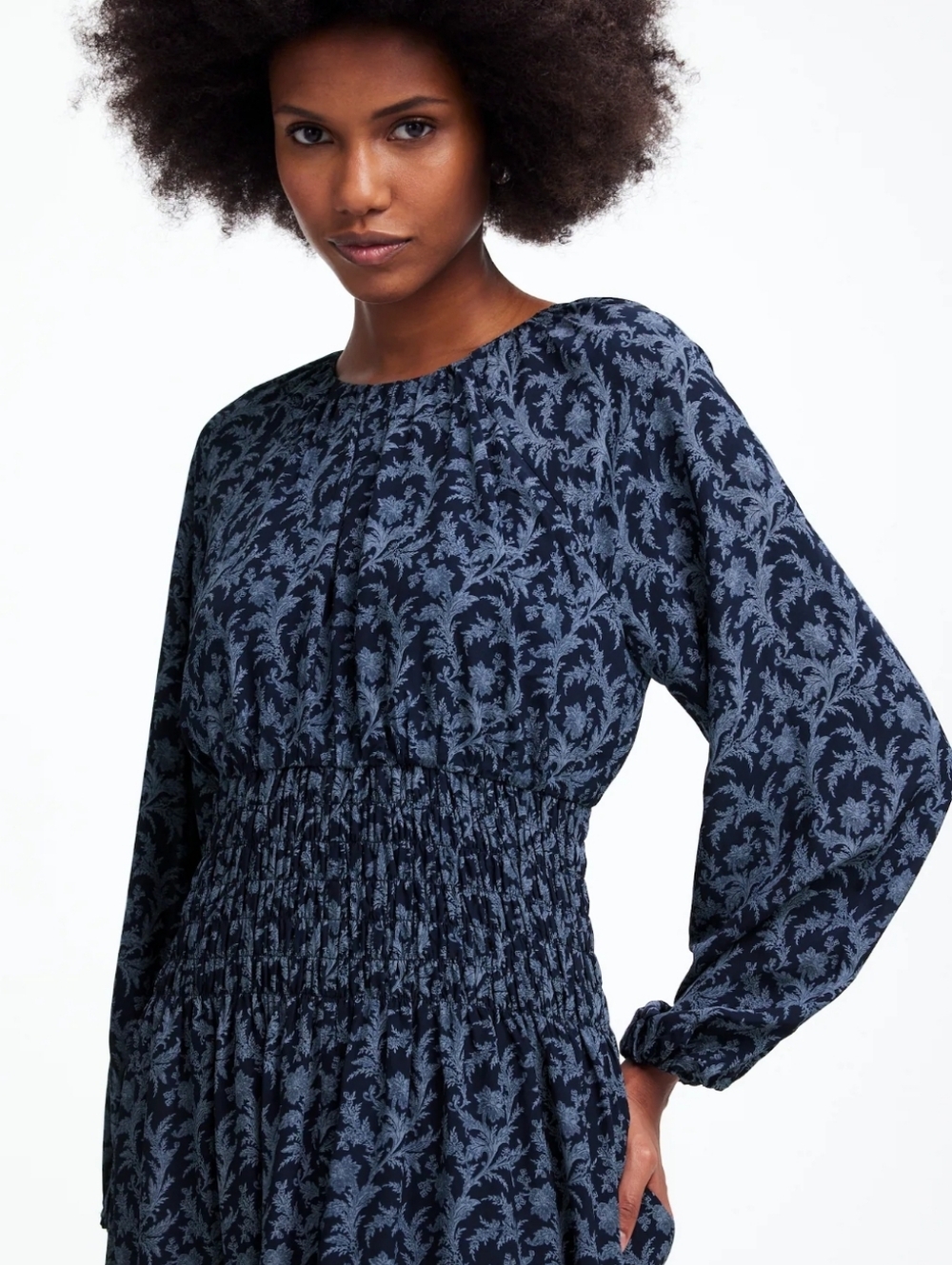 MADEWELL PETITE BUBBLE-SLEEVE SMOCKED MIDI FLORAL DRESS SIZE MEDIUM
